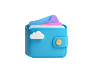 A 3D stylized light-blue wallet with a cloud and colorful cards