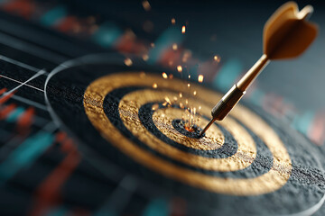 A dart hitting the bullseye on a dartboard, symbolizing accuracy and achieving goals with sparks flying around impact area.