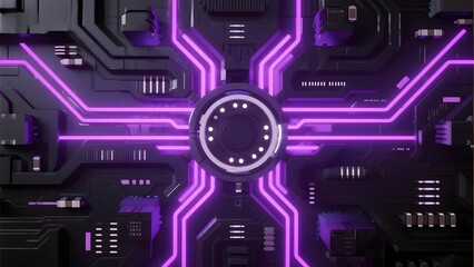 Futuristic circuit board with glowing purple pathways and central circular interface