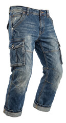 Distressed stonewashed denim cargo pants with rolled hems.