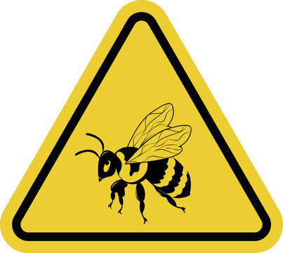 Bee. Yellow warning triangle sign. Area where bees are present or an apiary is located. Keep away from hives and be aware of the risk of allergic reactions to insect stings.
