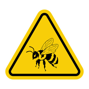 Bee. Yellow warning triangle sign. Area where bees are present or an apiary is located. Keep away from hives and be aware of the risk of allergic reactions to insect stings.