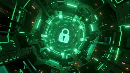 Digital tunnel with glowing green lock symbol in futuristic interface