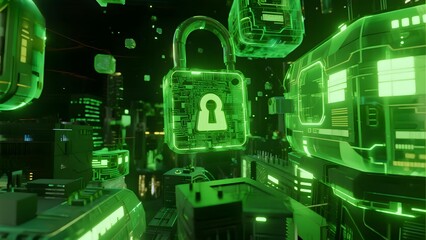 Digital lock symbol floating in a futuristic cyber network environment with glowing green circuits and data structures