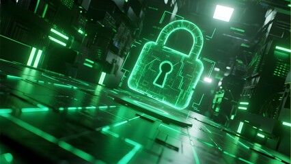 Digital lock symbol glowing in a futuristic cyber corridor with neon green lighting and high-tech architecture