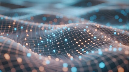 Abstract digital wave pattern with glowing dots and grid lines in a futuristic design