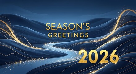 Seasons Greetings 2026 Golden Waves Blue Abstract Landscape.