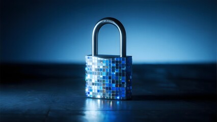 A digital mosaic padlock with blue pixelated surface, symbolizing cybersecurity and data protection.