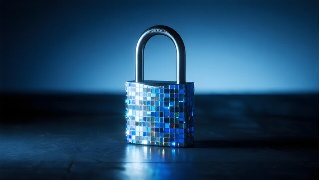 A digital mosaic padlock with blue pixelated surface, symbolizing cybersecurity and data protection. - Powered by Adobe