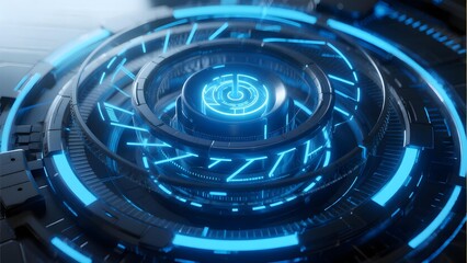 Futuristic blue holographic interface with concentric circular design and glowing digital elements