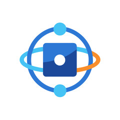 Obraz premium Blue square logo with circle and orbital design elements