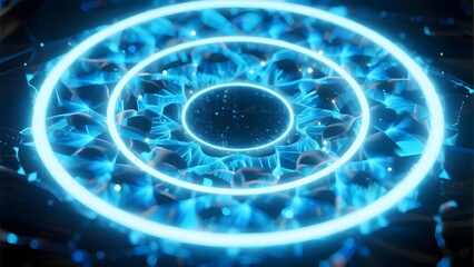 Abstract blue glowing circular pattern with concentric rings and luminous particles