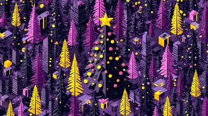 Isometric winter city scene featuring stylized trees, buildings, and festive decorations