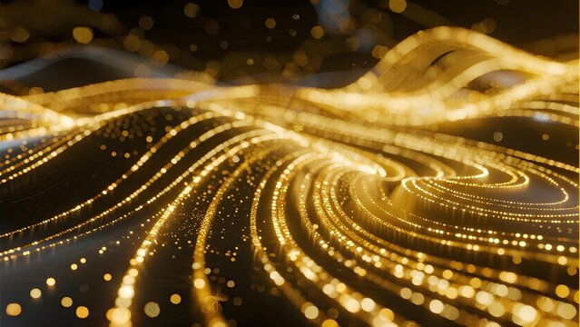 Abstract golden wave pattern with glowing particles and light trails - Powered by Adobe