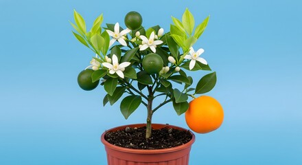 Small potted orange tree with one ripe fruit and white flowers suitable for indoor gardening and home decor concepts. High quality studio photography on blue.