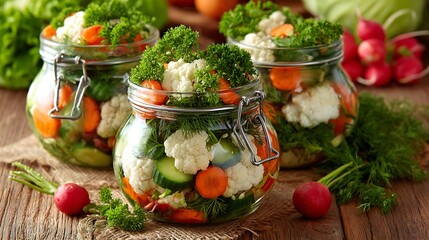 Jars filled with pickled vegetables, including carrots, cauliflower, and herbs