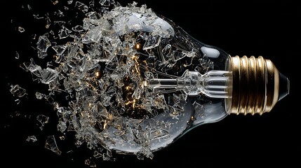 Incandescent illumination device shatters into countless sharp fragments against a dark background