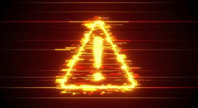 Digital glitch art warning triangle symbol suitable for cybersecurity error messages and system failure concepts. High quality abstract technology background.