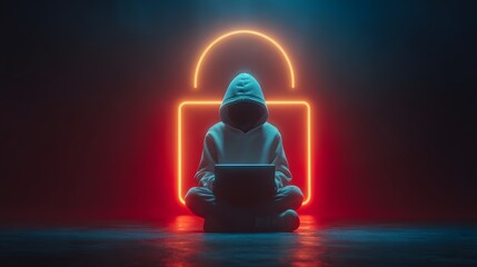 Futuristic digital illustration of anonymous hooded person using laptop with glowing padlock symbol representing cybersecurity and data protection concept