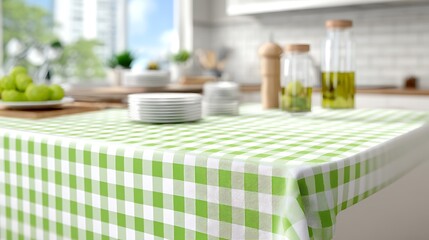 Kitchen with a checkered tablecloth set for food preparation, with sunlight streaming in