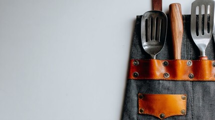 Kitchen tools, including a spatula and wooden spoon, in an apron pocket, with copy space