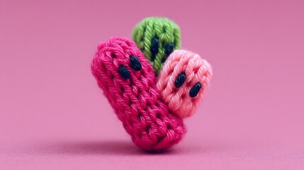 Knitted trio of watermelons with different colors against a pink background