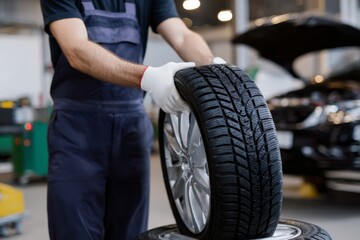 Obraz premium Skilled mechanic replacing car tire in modern auto shop