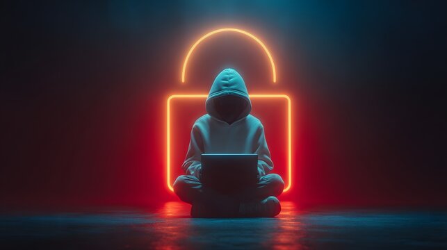 Futuristic digital illustration of anonymous hooded person using laptop with glowing padlock symbol representing cybersecurity and data protection concept - Powered by Adobe