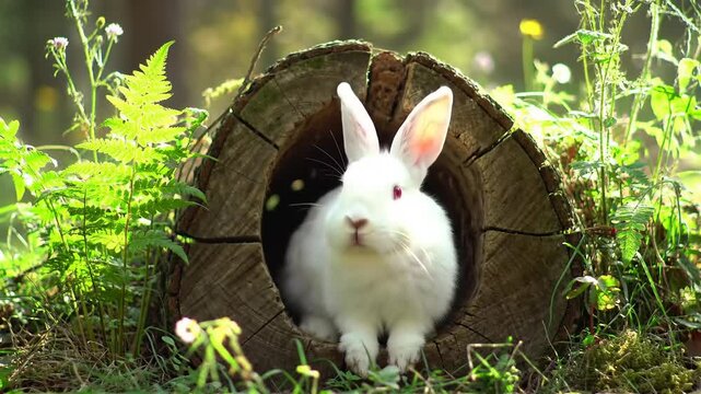 White rabbit in a hollow log in a natural outdoor environment