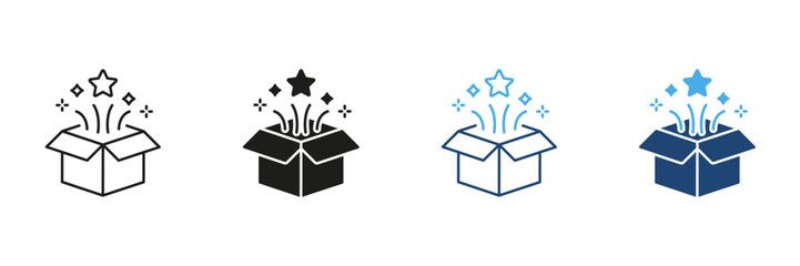 Open Box With Stars Line And Solid Icon Set. Surprise, Creativity, And Innovation Outline And Silhouette Symbol Collection. Celebration And Discovery. Isolated Vector Illustration © Toxa2x2