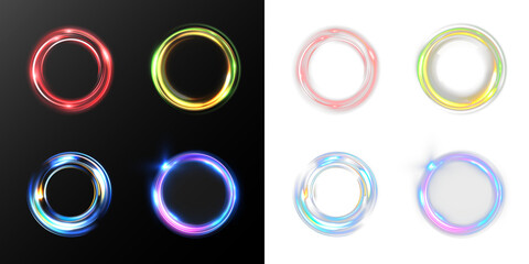 Set of colorful glowing neon rings with light trails and energy glow, futuristic circular frames isolated on transparent background for sci-fi, tech, and abstract design projects PNG.