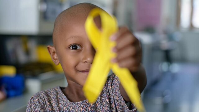 4k video of a child holding a yellow ribbon for Intenational Childhood Cancer Day, February 15th.