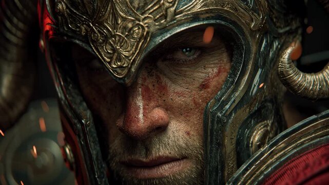 Intense Gladiator In Bronze Helmet Staring - Cinematic