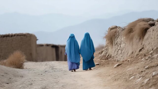 4k Two women in blue traditional veils and a child walking along a dusty village path with old mud-brick houses, cultural and rural life concept Middle East, Afghanistan, traditional