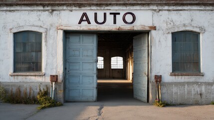 Vintage auto garage exterior with weathered architecture and rustic charm