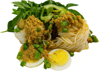Isolated Thai rice noodles with southern-style fish curry, boiled egg, green beans, and fresh vegetables&mdash;vibrant plating on gold dish with rich regional flavor