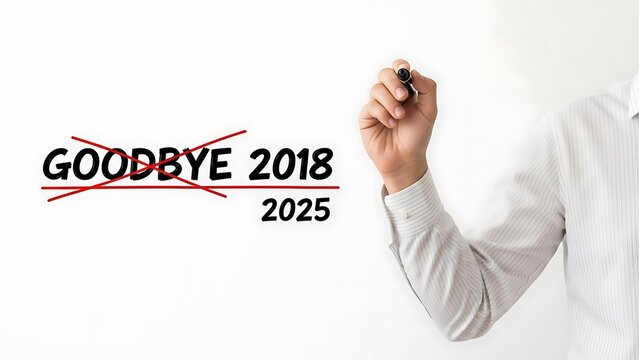 Businessman crossing out goodbye 2018 and writing 2025 to set future goals on a clean white board