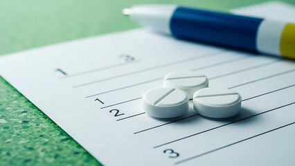 Fototapeta premium White medication tablets resting on a prescription schedule next to a blue and yellow pen
