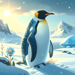 penguin and flower on the snow