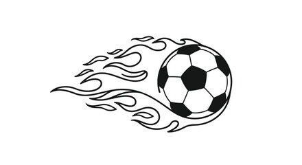 Obraz premium Black and white line art illustration of a soccer ball flying through the air with stylized flames trailing behind it to show speed and power.
