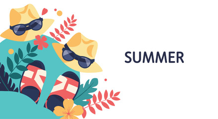 Bright summer holiday background featuring straw hats, sunglasses, sandals, and tropical flowers on a teal and white background with text.