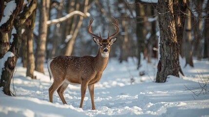 Fototapeta premium Majestic Deer Standing Alone In Snowy Winter Forest With Soft Morning Light And Calm Seasonal Atmosphere, Winter Wildlife
