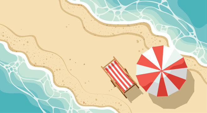 High angle top view of sandy tropical beach with turquoise ocean water waves and red striped umbrella and lounge chair for summer holidays.