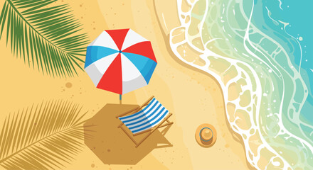 Tropical beach view from above shows palm leaves, a striped lounge chair, a colorful umbrella, and a straw hat on the sand.