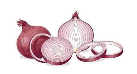 Red onions are displayed in various forms including whole bulbs and sliced rings on a white background for culinary themes.