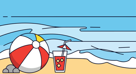 Relaxing beach scene features a colorful beach ball and a refreshing red drink with an umbrella on the sand near the ocean.
