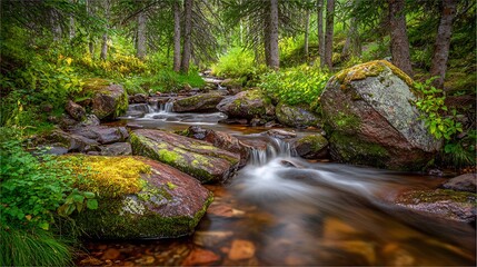 Lush forest scene featuring a flowing stream winding through moss-covered rocks and greenery