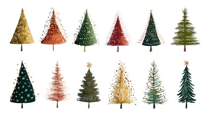 Obraz premium Flat hand-drawn Christmas tree set, isolated on transparent background, vector EPS 10
