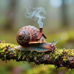Cozy Snail Home with Smoking Chimney on a Mossy Branch