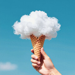 Whimsical Cloud Ice Cream Cone Against a Blue Sky